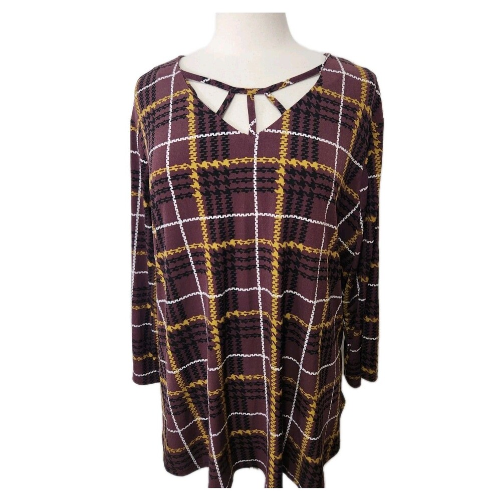 C EST 1946 Top 18/20W Purple Stretch Pullover Cutout Neck 3/4 Sleeve Tunic